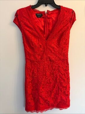 bebe Red Lace V-Neck Cap Sleeve Mini Dress